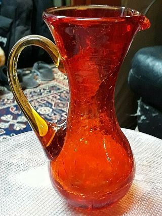Vintage Blenko Art Glass Amberina Crackle Glass 6 3/4 " Tall Pitcher Gorgeous
