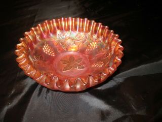 Vintage Fenton Marigold Grape And Cable Crimped Ruffled Carnival Glass Bowl