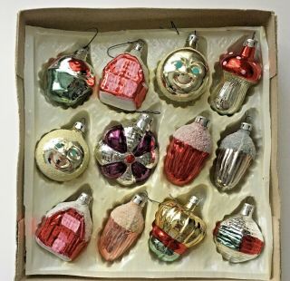 Set Of 12 Vintage Glass Christmas Ornaments Mr Moon,  Red House,  Acorns,  More