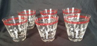 Vintage Clear Glasses With Sports Print/red Trim - Set Of 6 - Continental Can Co