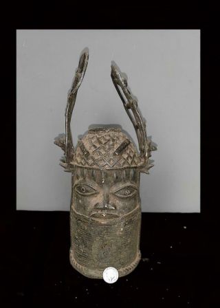 Old Tribal Large Bronze Benin Head Of King (oba) Figure - Nigeria Bn 62