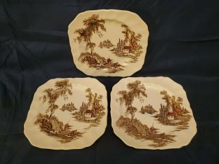 3 Vintage Johnson Brothers The Old Mill Brown 7 5/8 " Square Salad Plates.  Euc