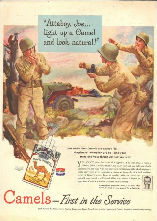 1943 Ww2 Tobacco Ad Camel Cigarettes,  Art Soldier Lights Up By Jeep 072017