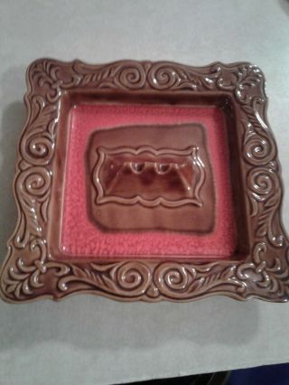 Vintage Mid Century Modern Usa Pottery Brown Red Ceramic Ashtray Square Mad Men