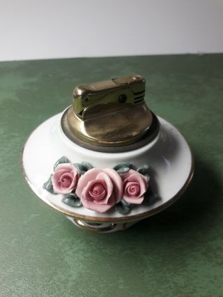 Vintage Antique Dresden White Pink Roses Gold Trim Table Top Cigarette Lighter