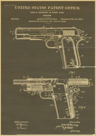 1911 Colt 45 Automatic Gun Patent Print Art Drawing Poster 12 X 16 Browning