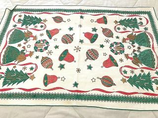 Vintage Table Runner Tea Towel Christmas Wreaths Bells Angels Trees 17.  5 " X 26 "