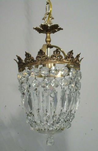 Antique Vintage Chandelier Brass Hollywood Crystal Basket Petite Pendant