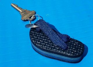 Vintage Flip Flop Shoe Sandal Black & Blue Keychain Key Ring Floats In The Water