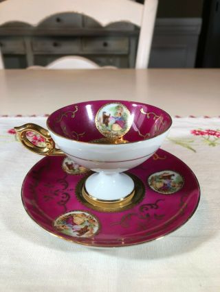 Vintage Courting Couple Tea Cup And Saucer,  Burgundy And Gold,  Arnart Imports