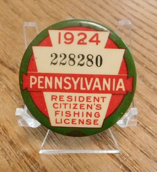 Rare 1924 Pennsylvania Resident Citizen Fishing License Button Pin Great Color.