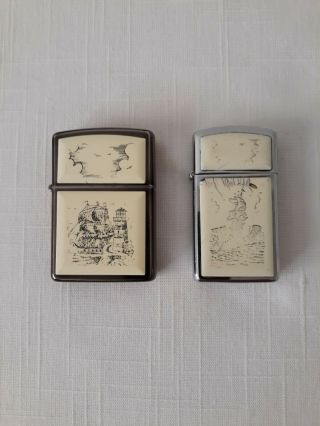 Zippo Scrimshaw Lighters Lighthouse & Ship & Whale Pre - Owned