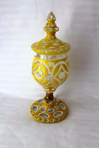 Antique Bohemian Overlay Yellow To Clear Lidded Jar C 1880