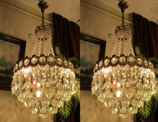Pair Antique Vnt Silver Plated Swarovski Crystal Chandelier Light Lamp 1940 