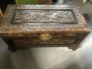 Vintage Asian Heavily Carved Wood Storage Chest Trunk Mid Century Design