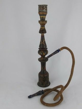 Antique Old Hand Painted Hookah Water Pipe Middle Eastern East Brass & Wood