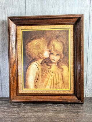Margaret Kane “a Little Kiss” Vintage Big Eye Boy & Girl 20x17 Wood Frame Signed