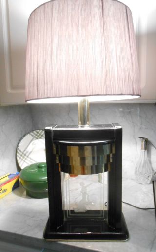 Unusual Mid - century/ 80 ' s lacquered wood,  Etched glass table Lamp 2