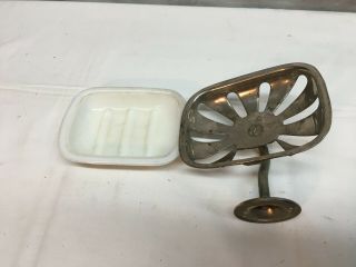 Vintage Metal Wall Mount Soap Dish Holder With Milk Glass Soap Dish 4in
