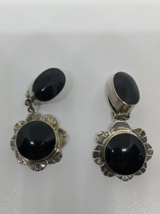 Vintage Mexico Sterling Silver 925 Black Onyx Clip On Earrings