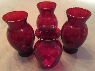 Set Of 4 Vintage Ruby Red Glass Vases
