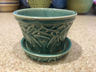 Vintage Mccoy Green Flower Pot,  Leaves And Dots Pattern,  Small