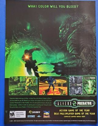 2002 Vintage Print Ad - Pc Game Ad.  Aliens Vs.  Predator 2.  Ad Only