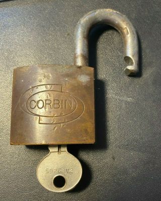 Vintage Brass Corbin Padlock,  With Key,  Corbin Cabinet Lock Co.  Conn Usa