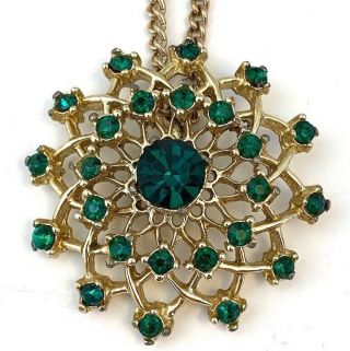 Vintage Green Rhinestone Necklace Pendant Gold Tone Metal Chain Floral Flower