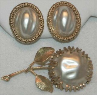 Vintage Sarah Coventry Flower Pin Earring Set Baroque Style Faux Pearl Brooch