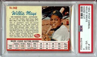 Willie Mays 1962 Post Cereal Vintage Baseball Card Psa 4 Vg - Ex Giants 142