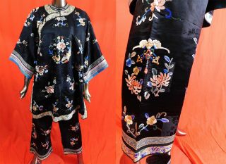 Antique Chinese Black Silk Peony Butterfly Embroidery Pajama Palazzo Pant Robe