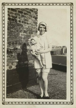 Vintage Photo Woman Dressed As Little Girl Holding Doll 1920s - 30s