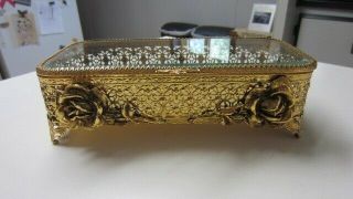 Vintage Gold Gilt / Filigree & Beveled Glass Jewelry / Trinket / Glove Box