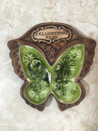 Vintage Treasure Craft Ashtray/trinket Dish Yellowstone Park Green Butterfly
