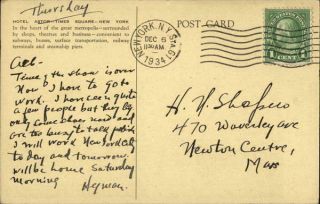 1934 York,  NY Hotel Astor,  Times Square Linen Postcard 1c stamp Vintage 2