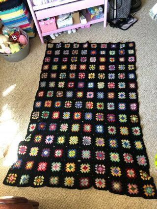 Vintage Crochet Afghan Granny Squares Throw Lap Blanket Handmade Black 50” X 74”