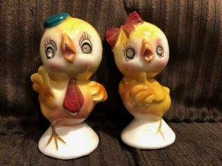 Vintage Lefton Yellow Chick Bird Couple Salt And Pepper Rhinestone Eyes Anthropo