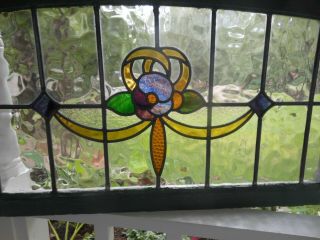 H - 7 - 237 Lovely Large English Transom Style Leaded Stained Glass Window 40 X 22.  5