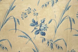 Floral Fabric Antique French 1860 Prussian Blue Rose Material Shabby Chic Fade