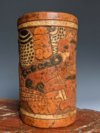 Ancient Pre Columbian Mayan Cylinder Vessel Carved And Polychrome Pottery