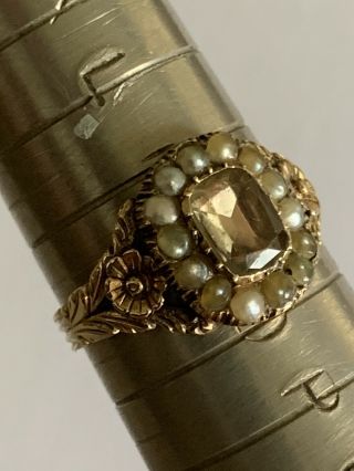 Antique Georgian 15ct Gold Foiled Crystal & Seed Pearl Set Ring - Circa 1840