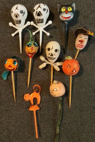 Vintage Halloween Plastic Decorations Toppers Cupcake Picks Pumpkins Skeletons