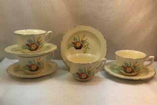 Vtg 8pc 30 - 40’s W.  S.  George Lido Canarytone Flower Arrangement Tea Cup & Saucer