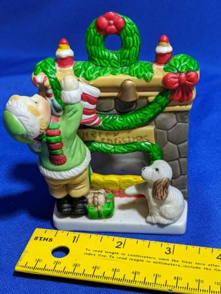 Cute Vtg Porcelain Xmas Candle Holder Kid Mantle Fireplace Dog Stocking Wreath