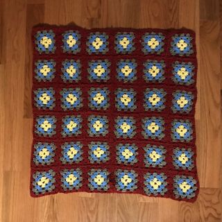 Vintage Granny Square Red Afghan Crochet 28 " X 27 " Throw Knit Handmade