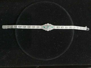 1920 Antique Art Deco 10k White Gold & Emerald Filigree Bracelet