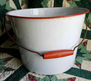 Vintage White Enamel Ware 2 Gallon Bucket / Pail With Red Trim And Wood Handle