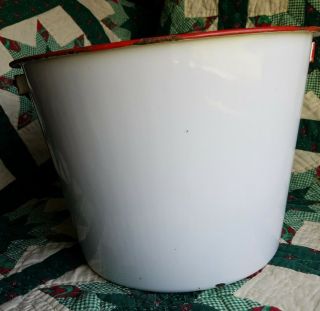 Vintage White Enamel Ware 2 Gallon Bucket / Pail With Red Trim and Wood Handle 2