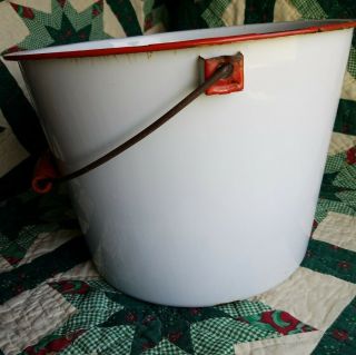 Vintage White Enamel Ware 2 Gallon Bucket / Pail With Red Trim and Wood Handle 3